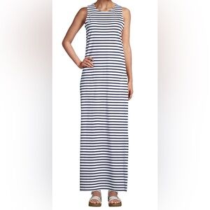 Lands’ End Navy White Striped Maxi Dress Small Sleeveless Pockets Casual Nautica